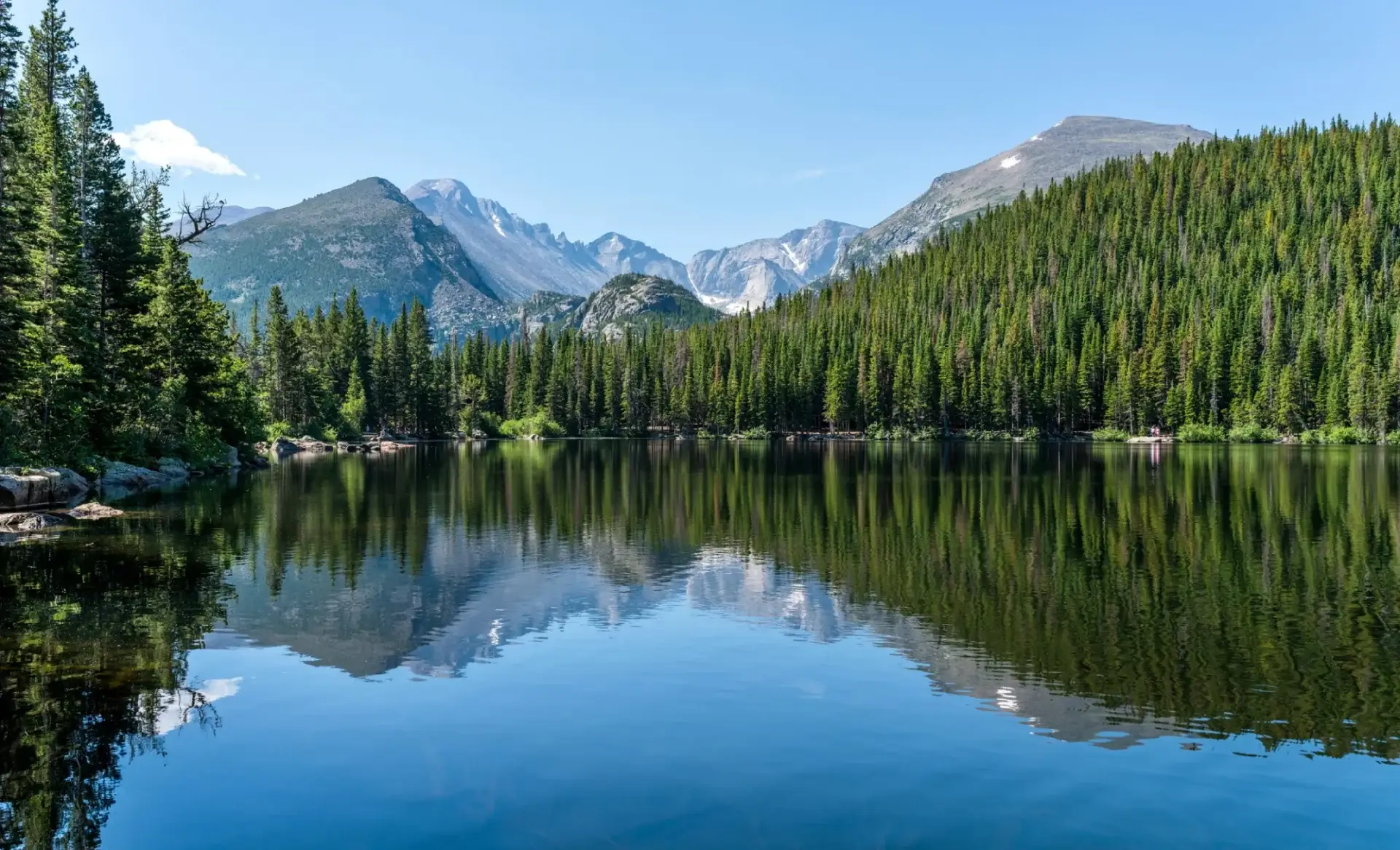 Serene mountain lake reflecting surrounding pine trees and peaks.